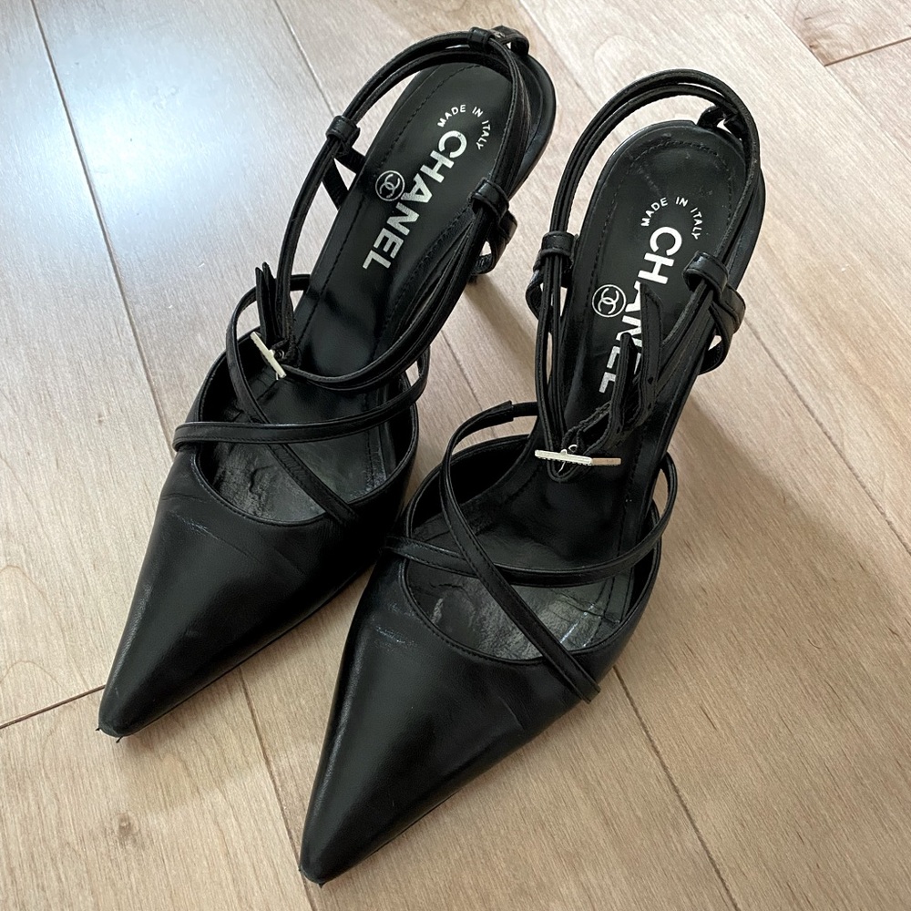 CHANEL Ankle Strap Pointed Toe Sandals Heels CC Logo EU 35 1/2 Black Used